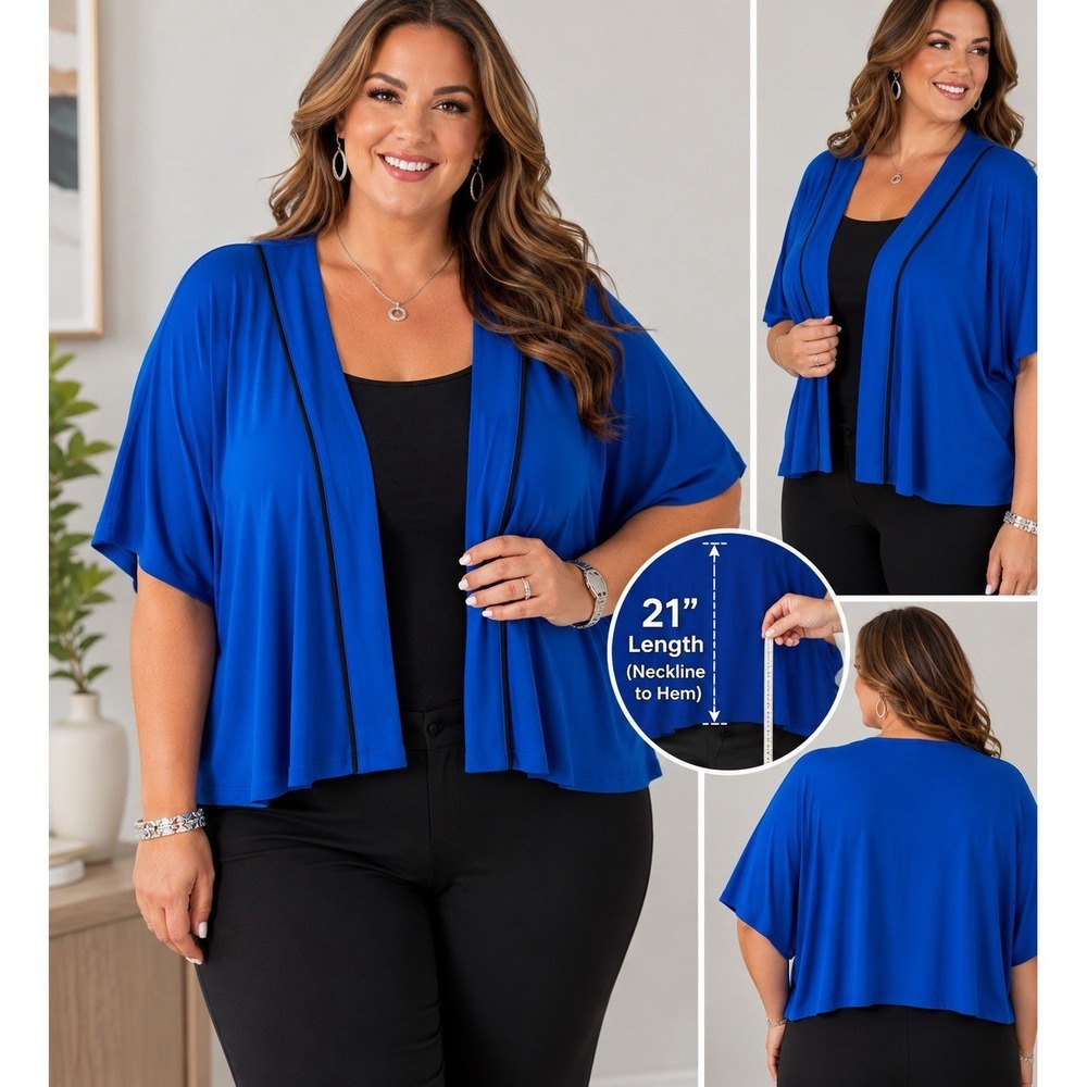 Catherines 5X Royal Blue Cropped Open Front Cardigan Batwing Sleeve Plus